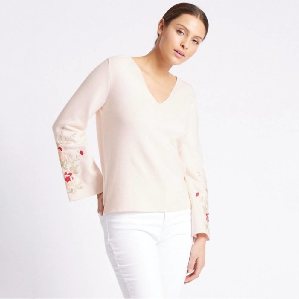 Per Una Sweater Women 6 Pink Embroidered Cotton V Neck Flare Sleeve Knit Jumper